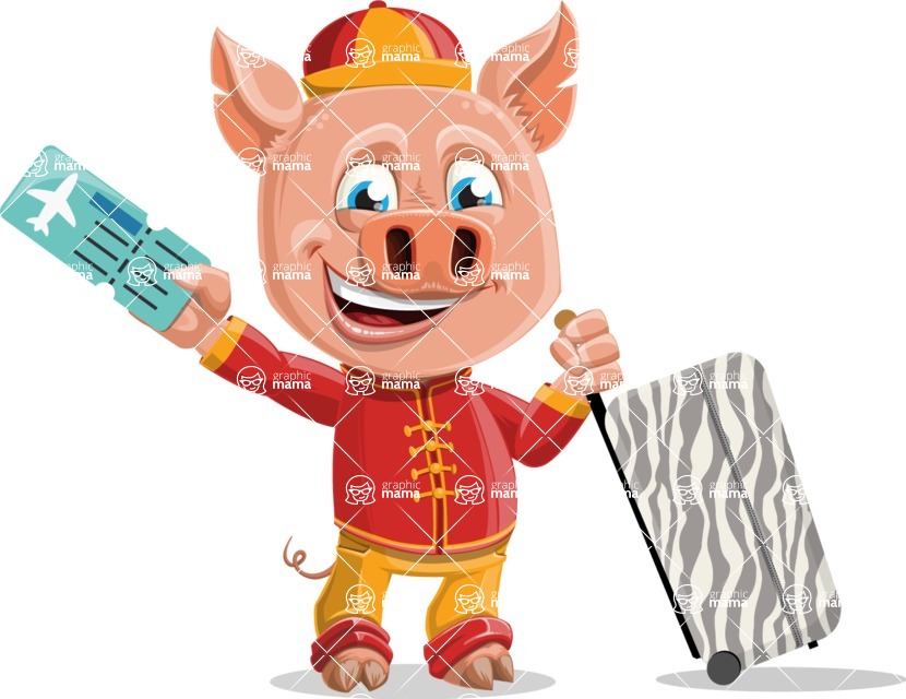 Year of the Pig Character - Vector Pig Cartoon - Traveling Year of the Pig Vector Character with Suitcase